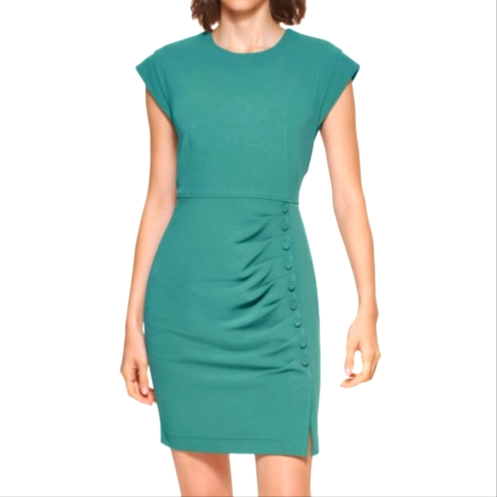 NWT CALVIN KLEIN | Ruched Button Detail Mini Sheath Dress - Picture 2 of 9